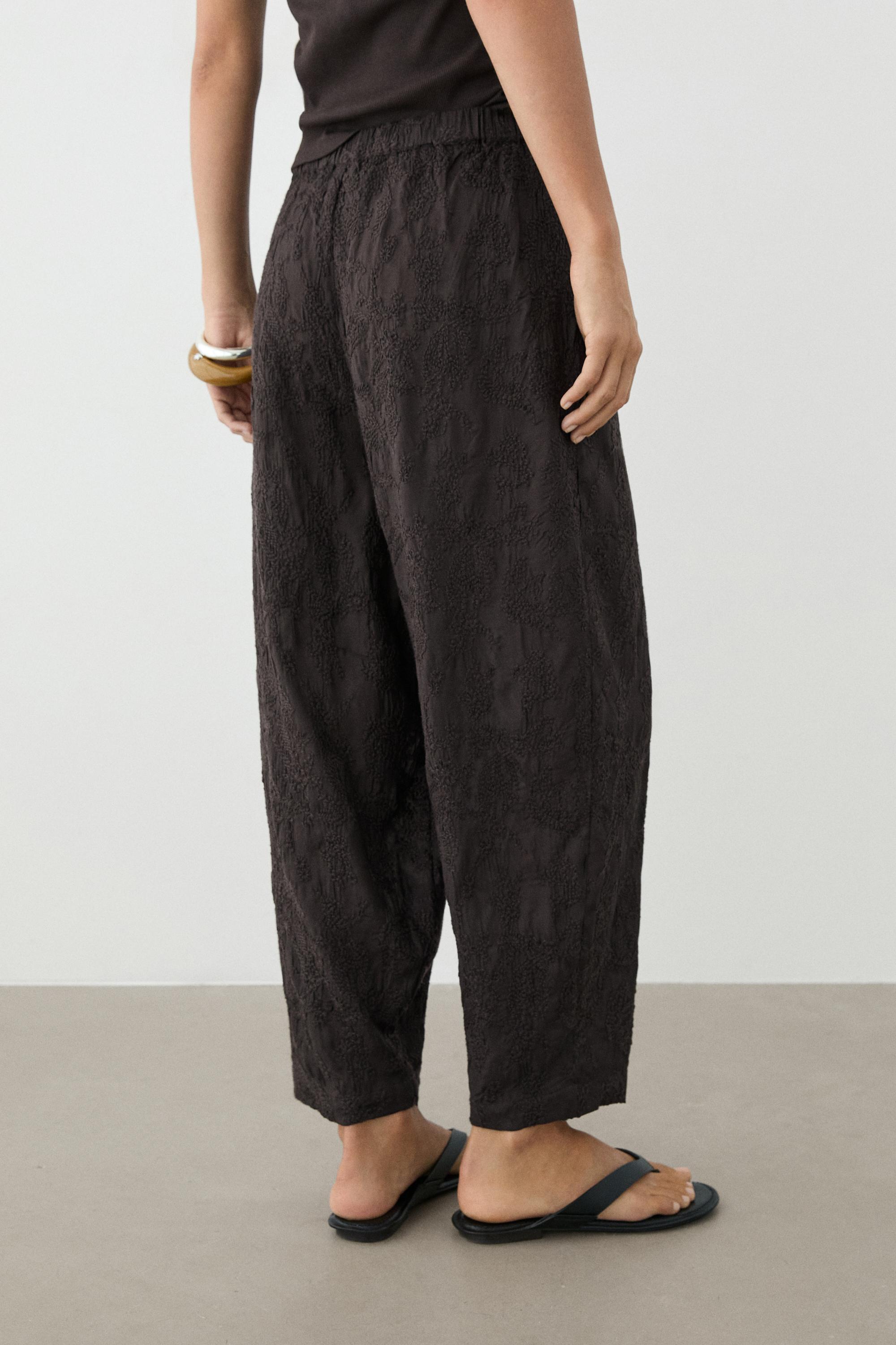 Embroidered flowing barrel fit trousers
